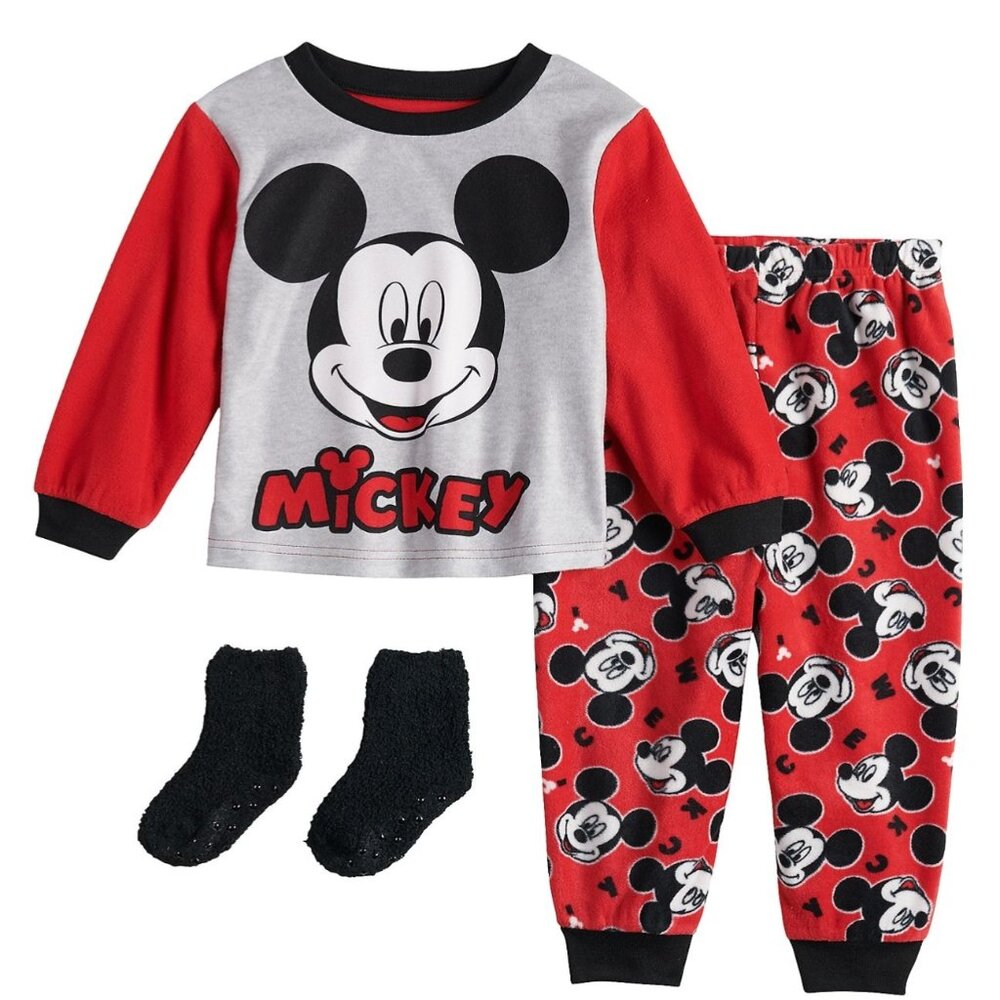 Disney's Mickey Mouse Toddler Boys Fleece Top & Bottom Pajama Set with Socks 2T
